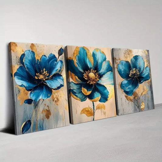 3pcs Elegant Blue And Gold Floral Art Set Canvas Framed 50x70cm - High Quality Print 100% Australian Made Wall Canvas Ready to Hang