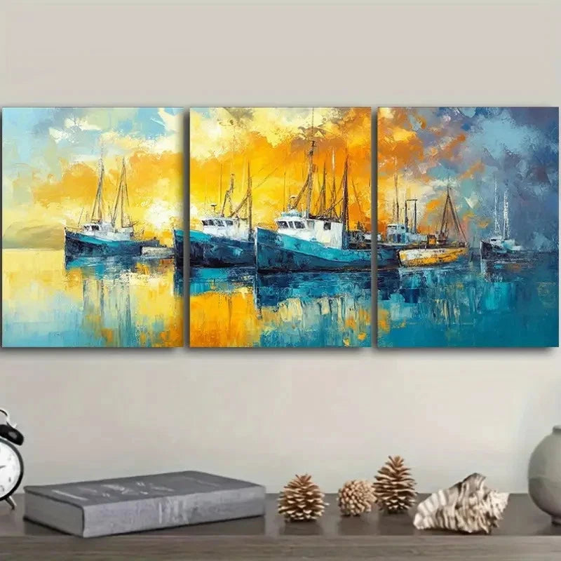 3pcs Featuring Boats at The Dock Artwork Metal Print Ready to Hang Art - Bella Home Decor