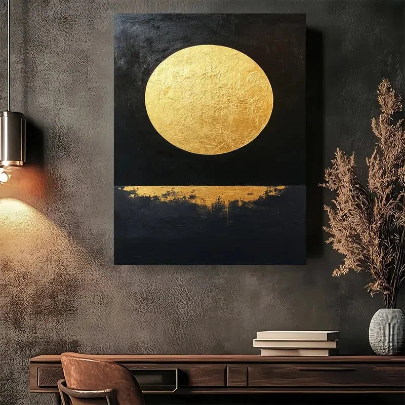 Beautiful Golden Eclipse Black & Golden Painting 40x60cm Metal Print Ready to Hang - Bella Home Decor