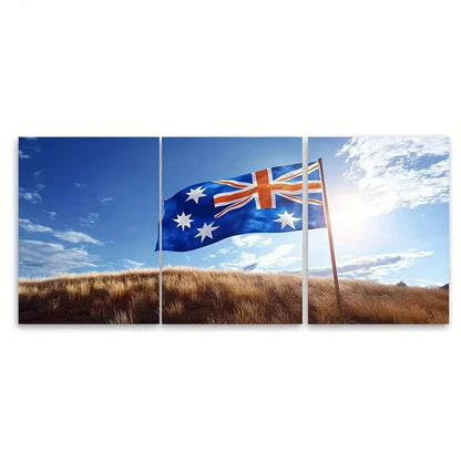 3pcs The Australian Flag Against The Sun  Wall Art Set Canvas Framed 60x90cm - High Quality Print 100% Australian Made Wall Canvas Ready to Hang
