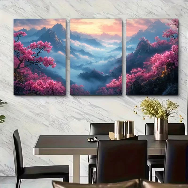 3pcs Misty Mountain Landscape with Pink RhododendroMetal Print Ready to Hang Art