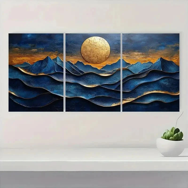 3pcs Blue and Golden Texture Natural Landscape Metal Print Ready to Hang Art - Bella Home Decor