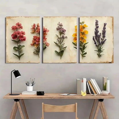 3pcs Rustic Wildflower Botanical Herbarium Design Metal Print Ready to Hang Art - Bella Home Decor