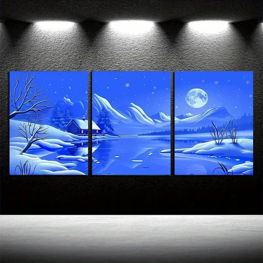 3pcs Rustic Winter Night Scene with Moon Wall Art Set Canvas Framed 60x90cm - High Quality Print 100% Australian Made Wall Canvas Ready to Hang