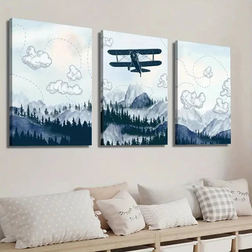 3pcs Airplane Flying Over Mountain and Forest Wall Art Set Canvas Unframed - High Quality Print 100% Australian Made Wall Canvas - Bella Home Decor
