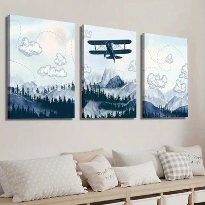 3pcs Airplane Flying Over Mountain and Forest Wall Art Set Canvas Unframed - High Quality Print 100% Australian Made Wall Canvas - Bella Home Decor