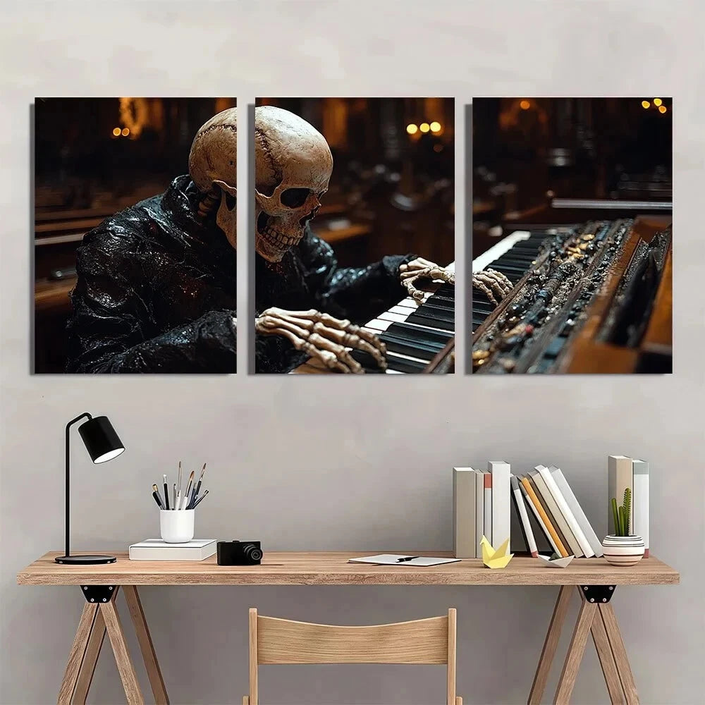 3pcs Gothic Skeleton Musician in Haunted Metal Print Ready to Hang Art - Bella Home Decor