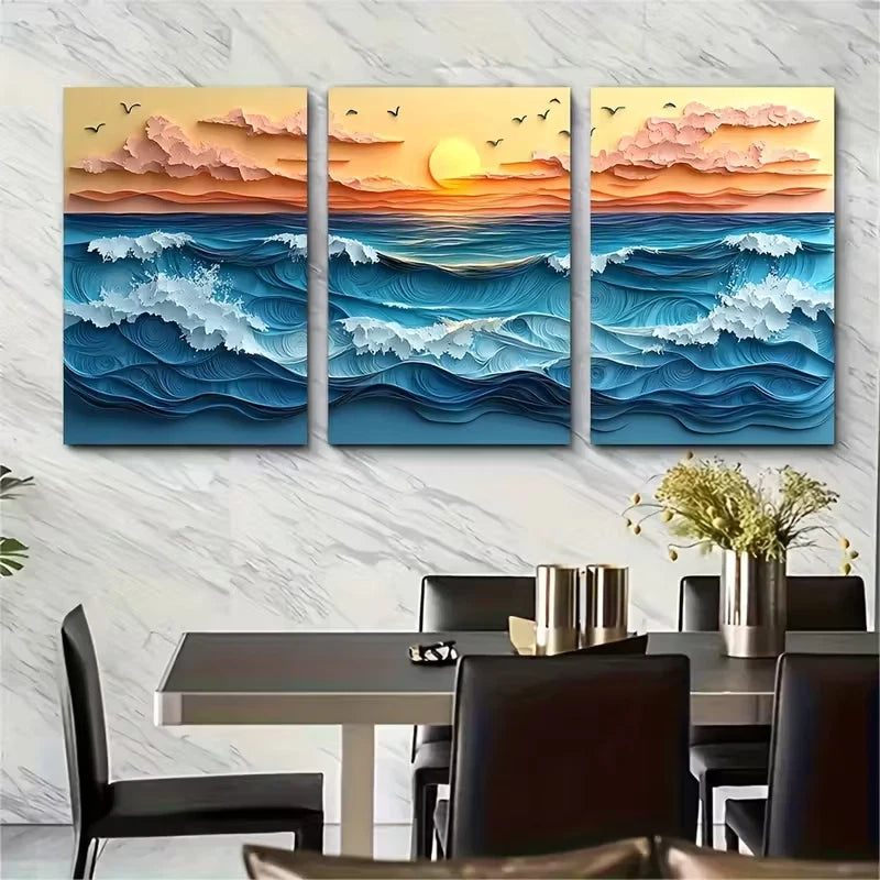 3pcs Abstract Beach Seascape Metal Print Ready to Hang Art - Bella Home Decor