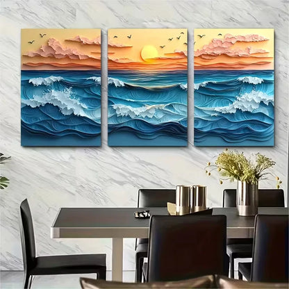 3pcs Abstract Beach Seascape Metal Print Ready to Hang Art - Bella Home Decor