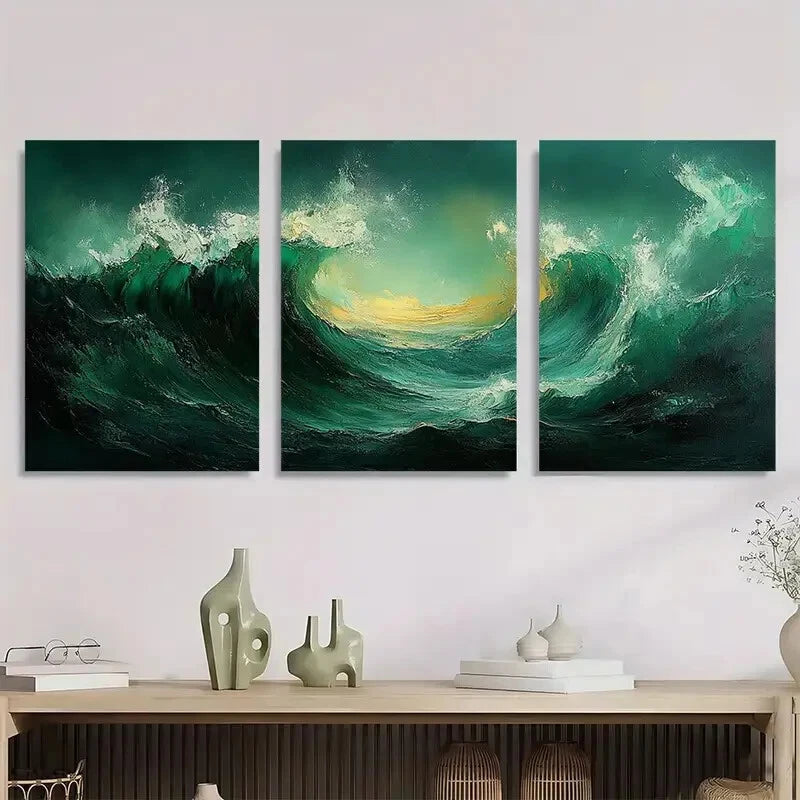 3pcs Stylish Modern Green Abstract Painting Metal Print Ready to Hang Art - Bella Home Decor