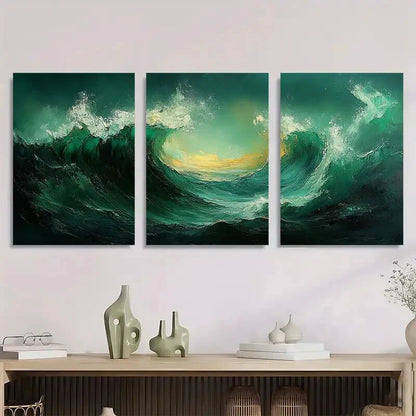 3pcs Stylish Modern Green Abstract Painting Metal Print Ready to Hang Art - Bella Home Decor