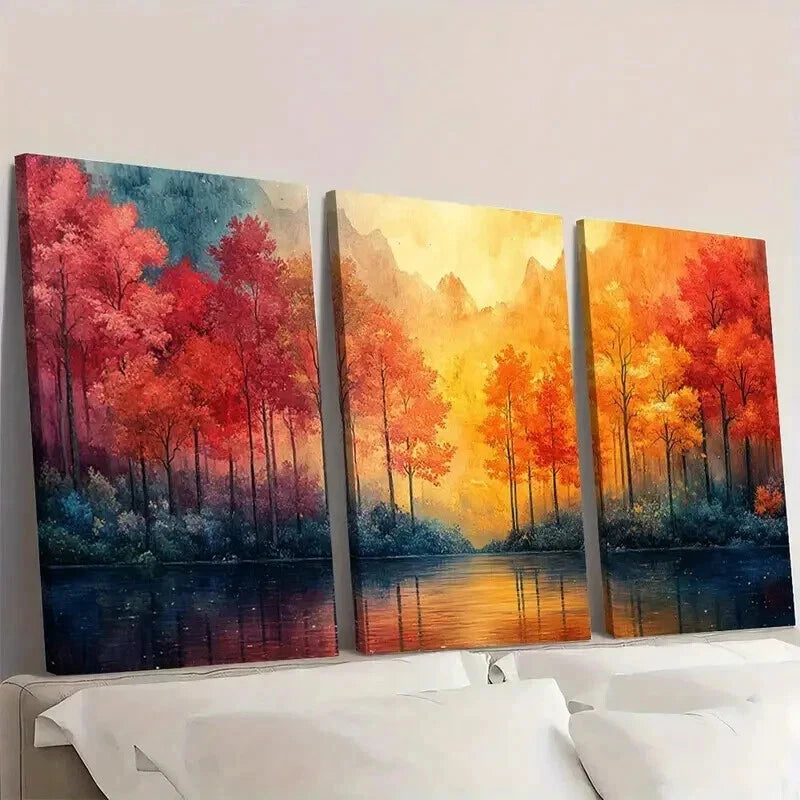 3pcs Lush Red & Orange Trees By A Serene Lake Wall Art Set Canvas Framed 50x70cm - High Quality Print 100% Australian Made Wall Canvas Ready to Hang