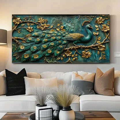 Vibrant Teal & Golden Retro Wall Art Canvas Office Home Room Framed 120x60cm