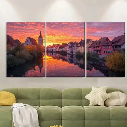 3pcs , Orange Sunset Over Rothenburg Metal Print Ready to Hang Art - Bella Home Decor