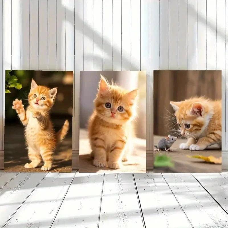 3pcs Adorable Kitten Cartoon Style Animal Metal Print Ready to Hang Art - Bella Home Decor