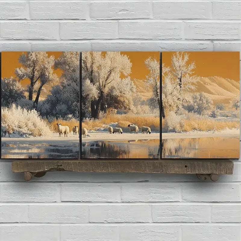3pcs Sheep In The Snow Modern White Trees Metal Print Ready to Hang Art - Bella Home Decor