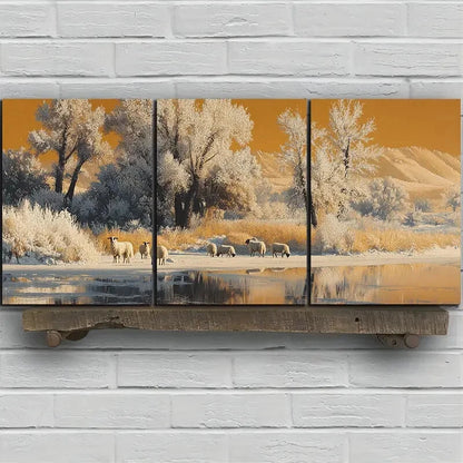 3pcs Sheep In The Snow Modern White Trees Metal Print Ready to Hang Art - Bella Home Decor