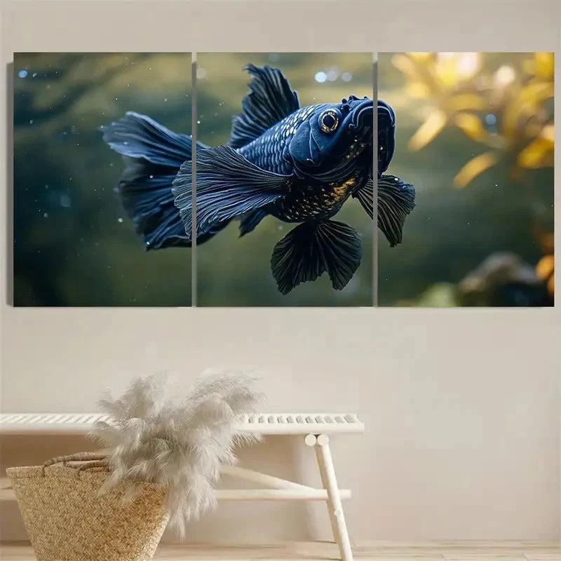 3pcs Vibrant Black Fish Wall Art Set Canvas Framed 40x60cm - High Quality Print 100% Australian Made Wall Canvas Ready to Hang