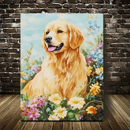 Beautiful Golden Retriever Dog Vibrant Floral Painting 40x60cm Metal Print Ready to Hang - Bella Home Decor