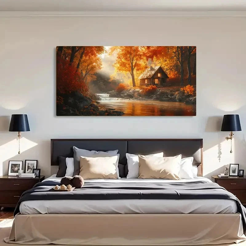 River Cabin Scene Autumn Forest Wall Art Canvas Office Home Room Framed 120x60cm - Bella Home Decor