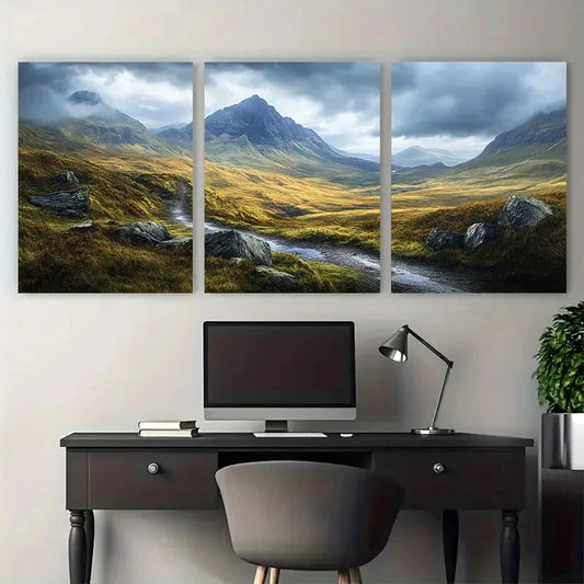 3pcs Celtic Highlands Moody Mountain Landscape Wall Art Set Canvas Framed 60x90cm - High Quality Print 100% Australian Made Wall Canvas Ready to Hang