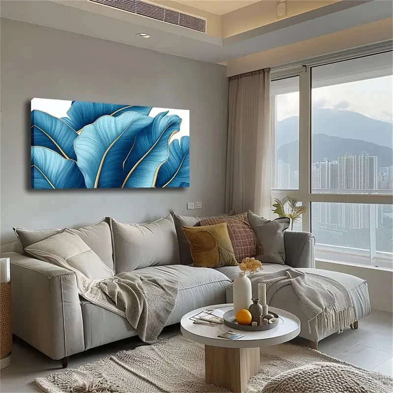 Modern Abstract Blue And Golden Wall Art Canvas Office Home Room Framed 120x60cm