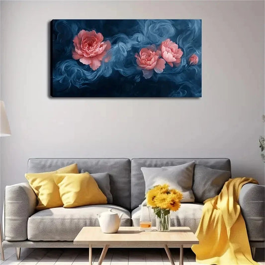 Minimalist Abstract Blue Smoke Wall Art Canvas Office Home Room Framed 120x60cm