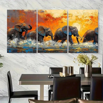 3pcs Playful Elephants Crossing River Metal Print Ready to Hang Art