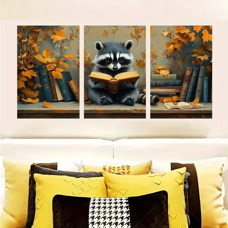3pcs Whimsical Reading Raccoon Wall Art Set Canvas Framed 40x60cm - High Quality Print 100% Australian Made Wall Canvas Ready to Hang