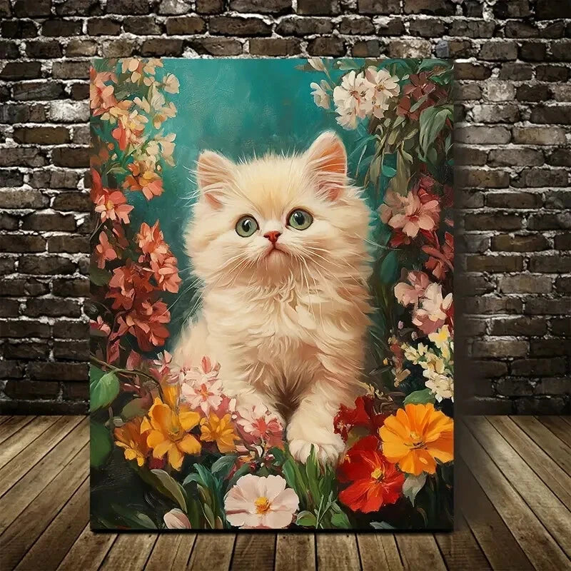 Cute Persian Cat Kitten with Vibrant Flowers 40x60cm Metal Print Ready to Hang - Bella Home Decor