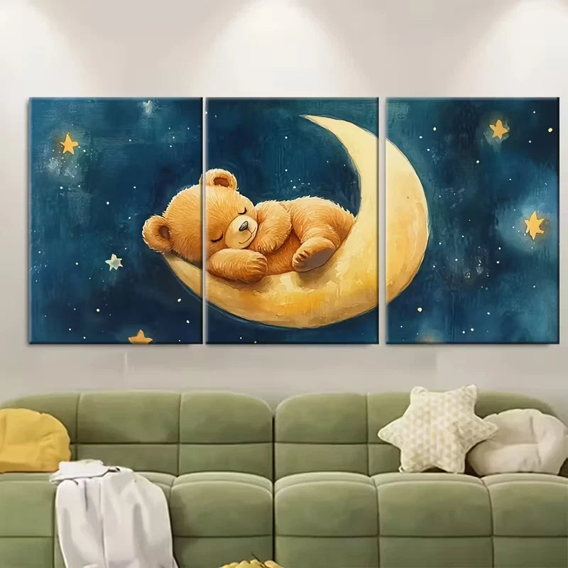 3pcs Cute Watercolor Teddy Bear Napping on Moon Metal Print Ready to Hang Art - Bella Home Decor