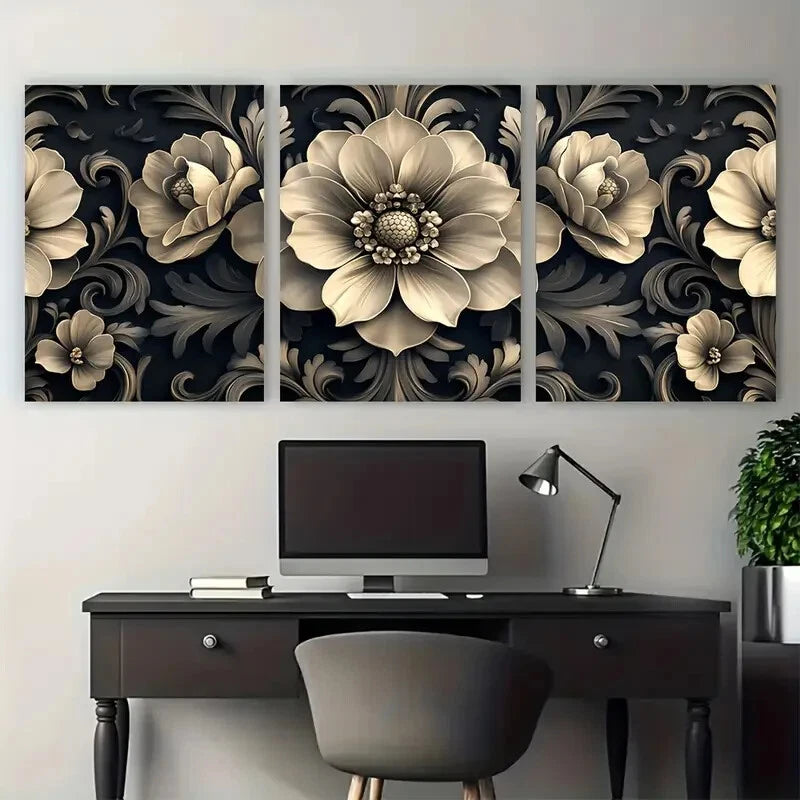 3pcs Elegant Dark Floral Baroque Damask Pattern Metal Print Ready to Hang Art - Bella Home Decor