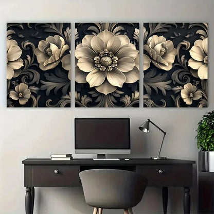 3pcs Elegant Dark Floral Baroque Damask Pattern Metal Print Ready to Hang Art - Bella Home Decor
