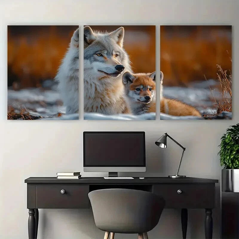 3pcs Arctic Wolf Mother & Pup Wildlife Photography Metal Print Ready to Hang Art - Bella Home Decor