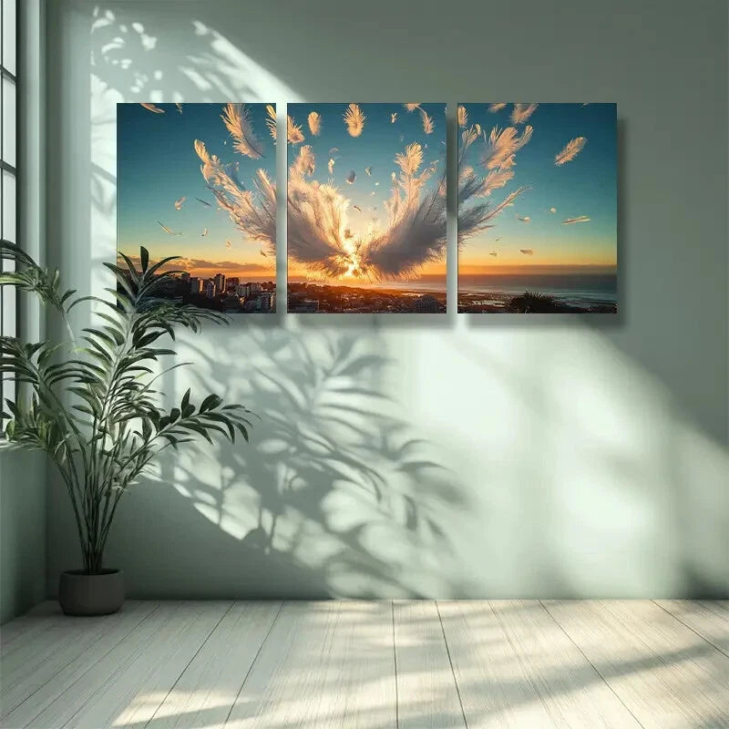 3pcs Cape Town Sunset with Angel Wings & Feathers Metal Print Ready to Hang Art