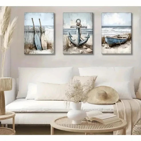 3pcs Nautical Sailboat Paddle & Anchor Wall Art Set Canvas Unframed - High Quality Print 100% Australian Made Wall Canvas