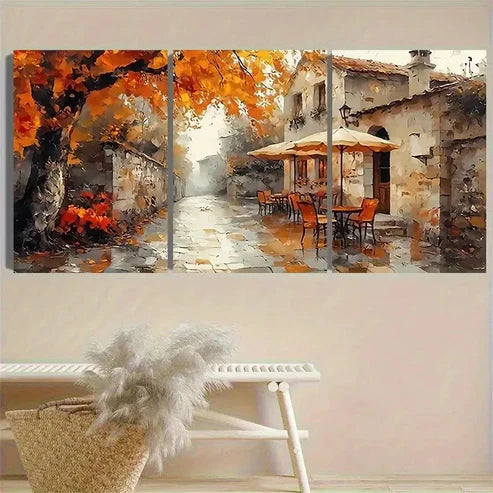 3pcs Autumn Townscape Painting Wall Art Set Canvas Unframed - High Quality Print 100% Australian Made Wall Canvas - Bella Home Decor