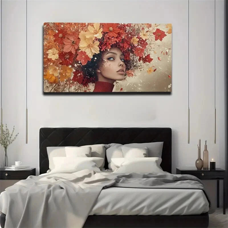 Autumn Floral Woman Portrait Wall Art Canvas Office Home Room Framed 120x60cm - Bella Home Decor