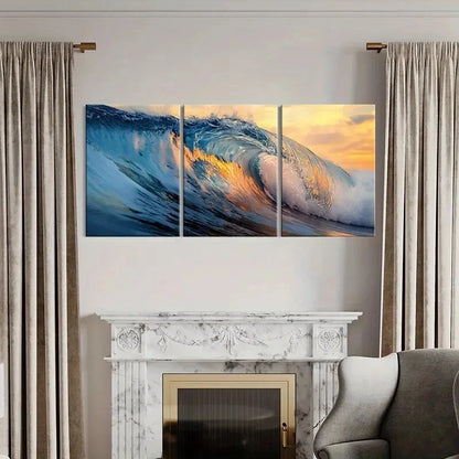 3pcs Ocean Wave Sunset Glow Nature Landscape Metal Print Ready to Hang Art - Bella Home Decor