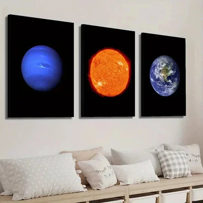 3pcs Sun Neptune Earth on Black Background Wall Art Set Canvas Unframed - High Quality Print 100% Australian Made Wall Canvas