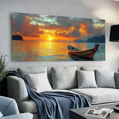 Serene Boats Sunset Lake Wall Art wall canvas office home room framed 120x60cm - Bella Home Decor