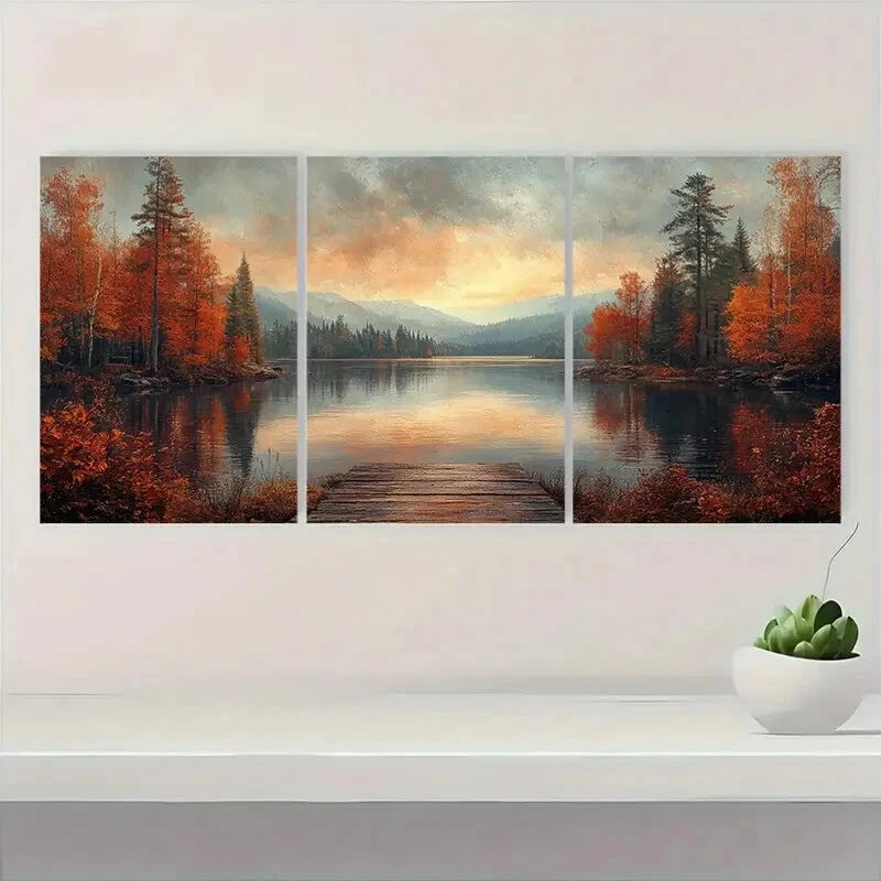 3pcs Autumn Lake Rustic Nature Scene Metal Print Ready to Hang Art - Bella Home Decor