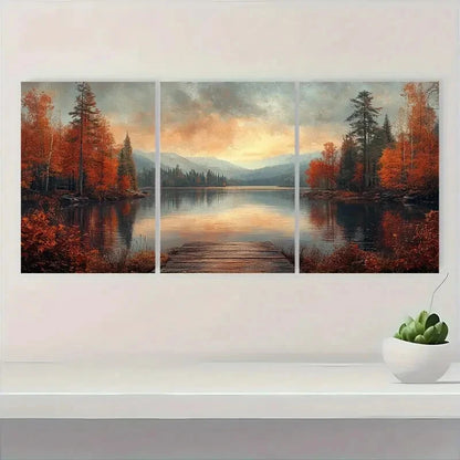 3pcs Autumn Lake Rustic Nature Scene Metal Print Ready to Hang Art - Bella Home Decor