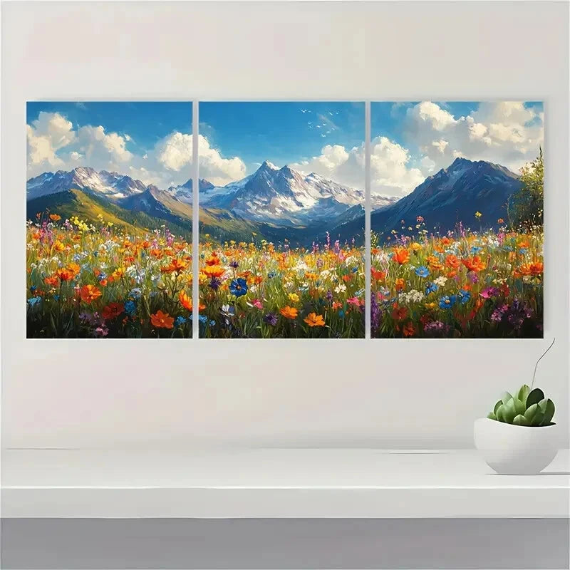 3pcs Vibrant Mountain and Wildflower Art Metal Print Ready to Hang Art - Bella Home Decor