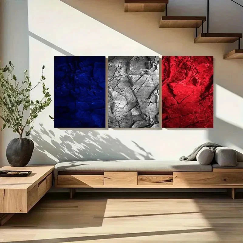 3pcs Vibrant Blue White & Red Marble Design Metal Print Ready to Hang Art
