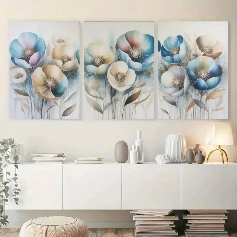 3pcs Blue Flowers Neutral Leaves Painting Metal Print Ready to Hang Art - Bella Home Decor
