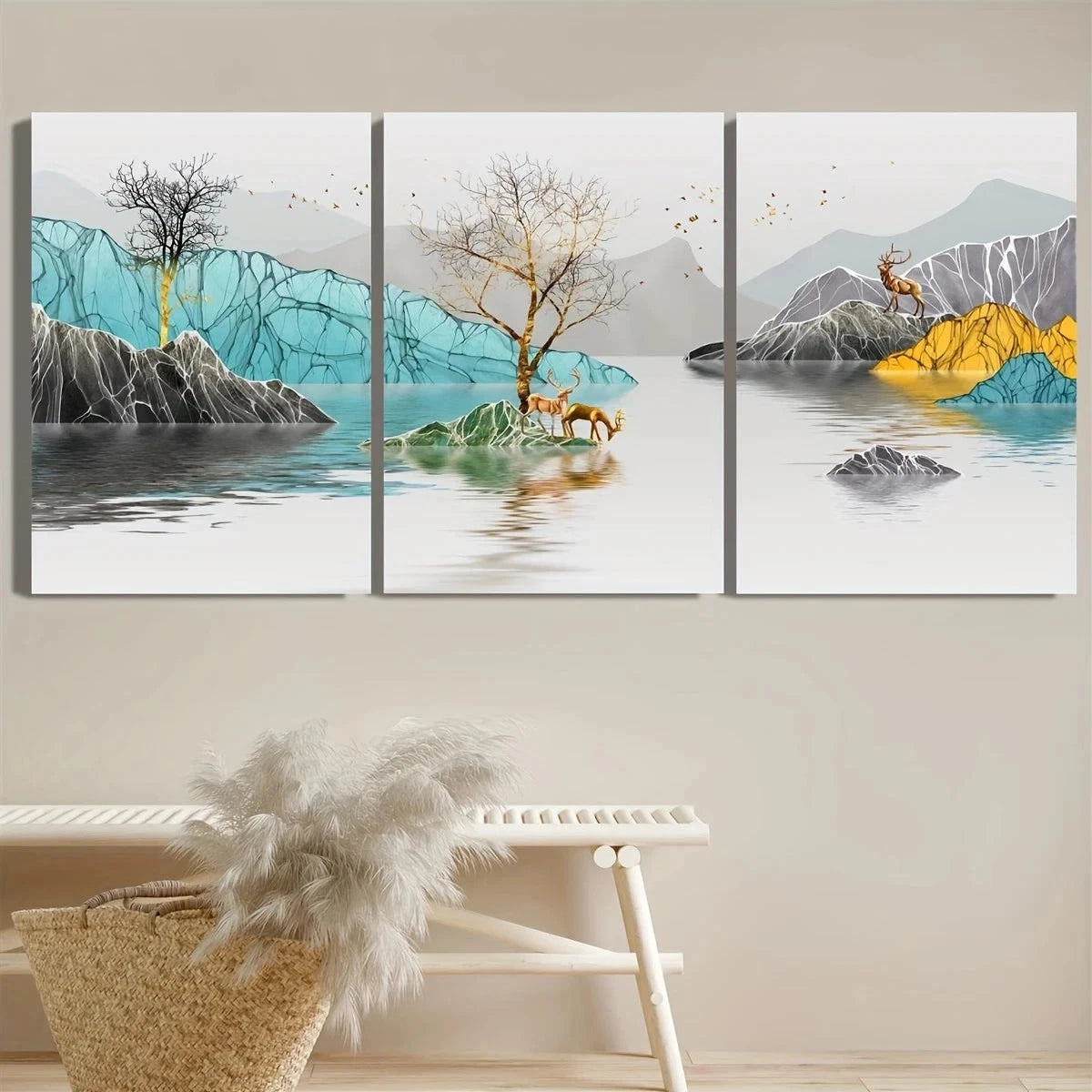 3pcs Deer Modern Abstract Landscape Metal Print Ready to Hang Art - Bella Home Decor