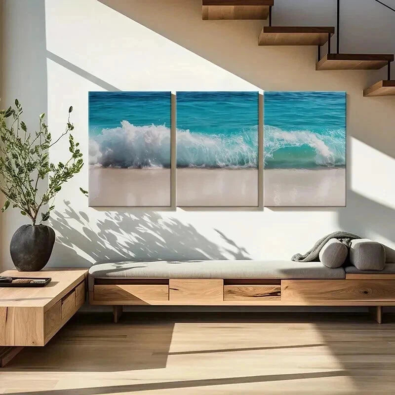 3pcs Ocean Wave Turquoise Water Sandy Beach Wall Art Set Canvas Framed 40x60cm - High Quality Print 100% Australian Made Wall Canvas Ready to Hang - Bella Home Decor