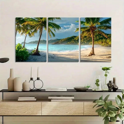 3pcs Tropical Paradise Beach with Palm Trees Metal Print Ready to Hang Art