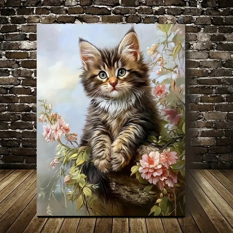 Maine Coon Kitten with Flowers & Plants Painting  40x60cm Metal Print Ready to Hang - Bella Home Decor